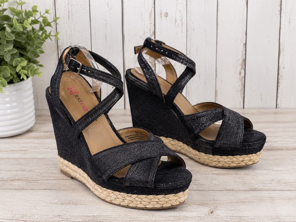 JustFab metallic black canvas cross strap platform wedges braided buckle. Sz 9